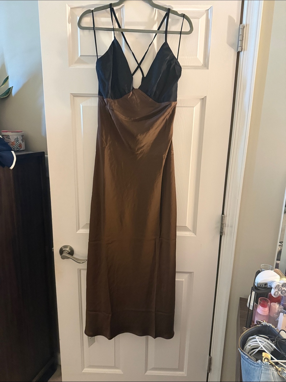Abercrombie & Fitch Black and Brown Satin Maxi Dress